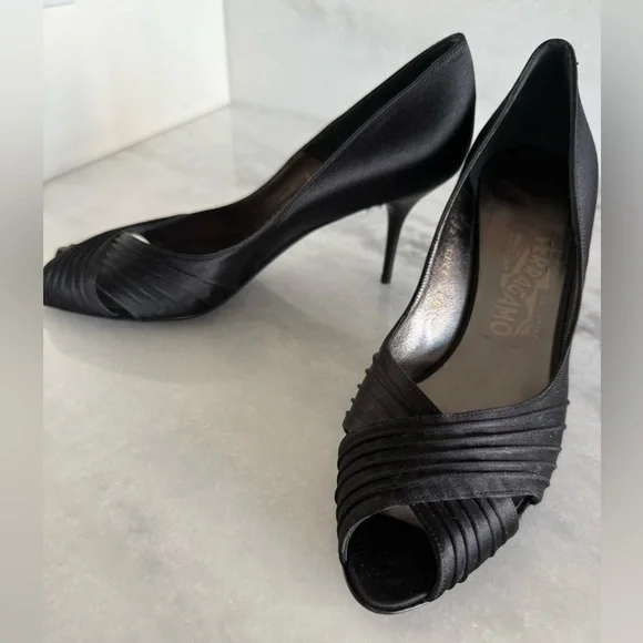 Salvatore Ferragamo Black Satin Pleated Peep-Toe Heels • 9 • NEW - Picture 6 of 11